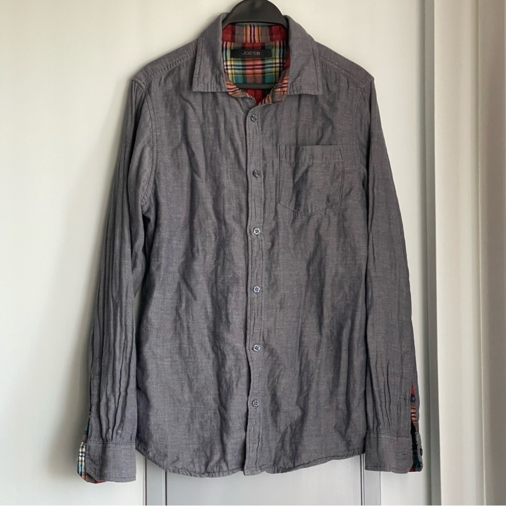JOE’s  Charcoal Long Sleeve Button Down Shirt with Colorful Plaid Inside